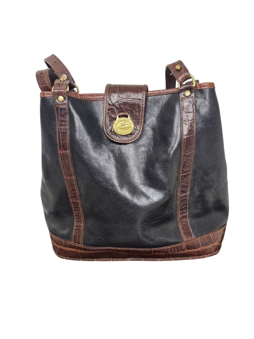 Vintage Brahmin Tuscan Melbourne Bucket Bag Black Leather Brown Embossed Trim